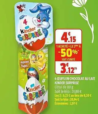 Coccimarket 4 Oeufs En Chocolat Au Lait Kinder Surprise offre