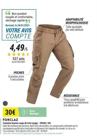 Decathlon Pantalon Homme Cargo De Trek Voyage - Travel 100 Forclaz offre