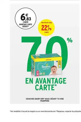 Intermarché Couches Baby-dry Maxi Géant T4 X92 Pampers offre
