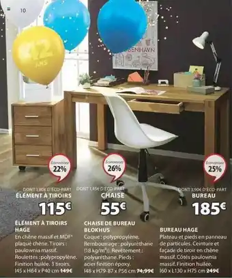 JYSK élément à Tiroirs Hage, Chaise De Bureau Blokhus, Bureau Hage offre