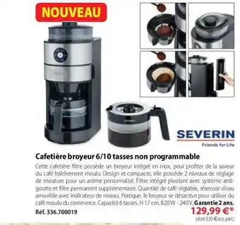 Mathon Cafetière Broyeur 6 10 Tasses Non Programmable Severin offre