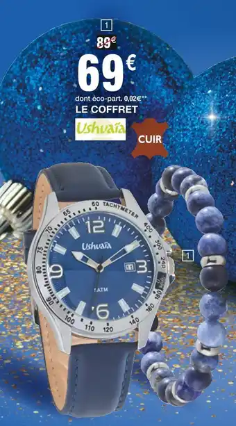 Cora x Carrefour Ushuaia coffret homme montre bracelet cuir + bracelet boules offre