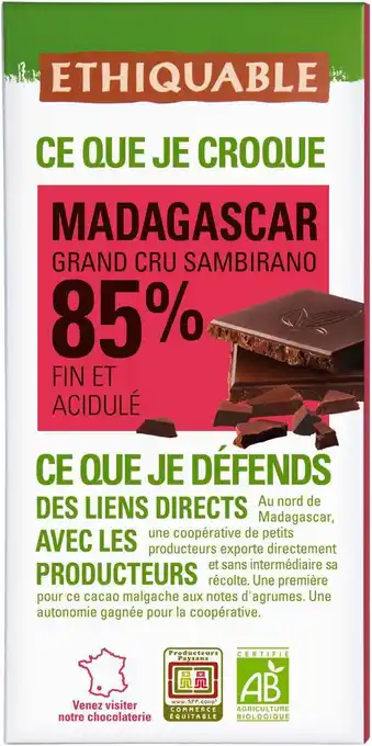 Match Ethiquable chocolat noir bio 85% cacao madagascar offre