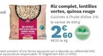 Picard Riz Complet Lentilles Vertes Quinoa Rouge offre