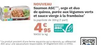 Picard Saumon Asc, Orge Et Duo De Quinoa, Purée Aux Légumes Verts Et Sauce Vierge à La Framboise offre