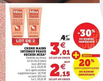 Super U Crème Mains Intensif Peau Sèches Mixa offre