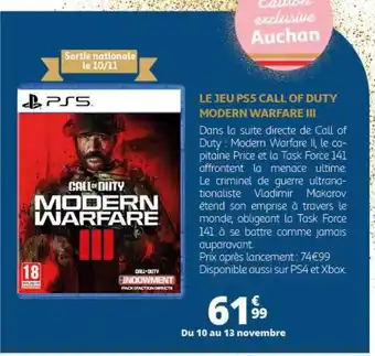 Auchan LE JEU PS5 CALL OF DUTY MODERN WARFARE III offre