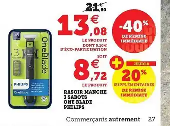 Super U Rasoir Manche 3 Sabots One Blade Philips offre