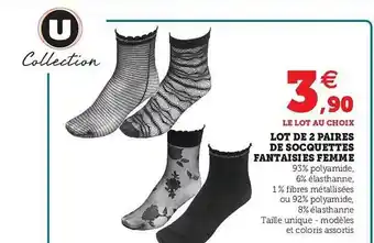 Super U Lot De 2 Paires De Socquettes Fantaisies Femme offre