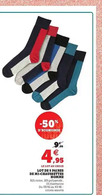 Super U Lot De 5 Paires De Mi-chaussettes Homme offre
