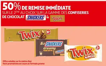 Auchan Supermarché Snickers / twix 50% de remise immédiate sur le 2ème au choix sur la gamme des confiseries de chocolat snickers & twix offre