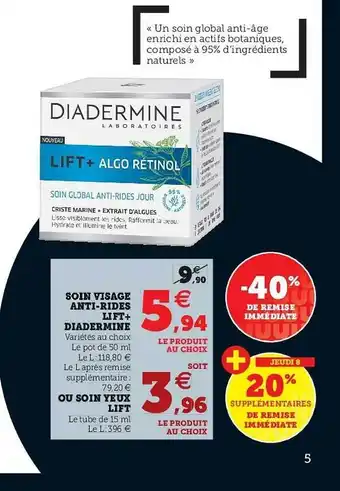 Super U Soin Visage Anti-rides Lift+ Diadermine Ou Soin Yeux Lift offre