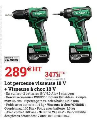 Espace emeraude Lot Perceuse Visseuse 18 V + Visseuse à Choc 18 V Hitachi Hikoki offre