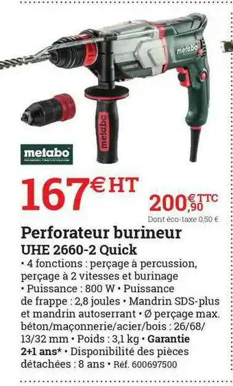 Perforateur Burineur Uhe 2660-2 Quick Metabo