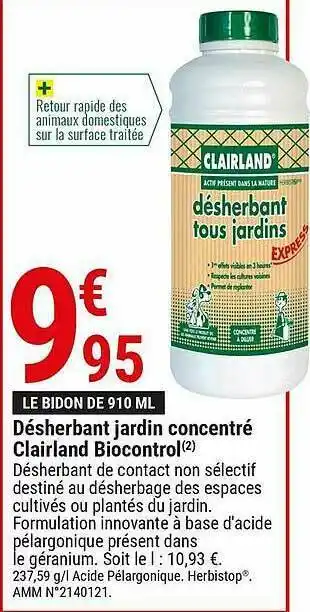 Gamm vert Désherbant Jardin Concentré Clairland Biocontrol offre