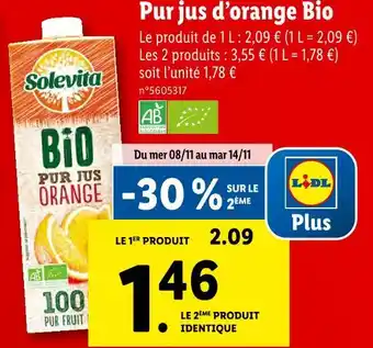 Lidl Solevita pur jus d’orange bio offre