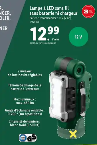 Lidl Parkside lampe à led sans fil sans batterie ni chargeur offre