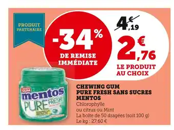 Super U Mentos chewing gum pure fresh sans sucres offre