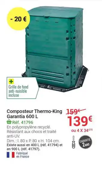 Gamm vert Composteur Thermo-king Garantia 600 L offre