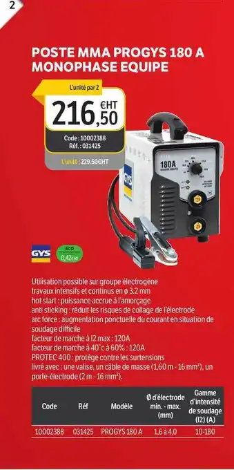 DomPro Poste Mma Progys 180 A Monophase Equipé offre