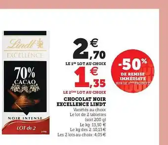 U Express Chocolat Noir Excellence Lindt -50% De Remise Immédiate Sur Le 2ème Produit offre