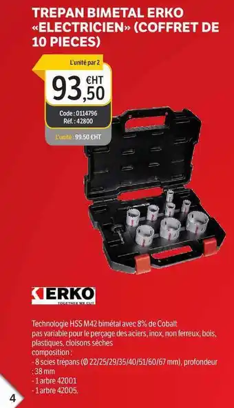 Trepan Bimetal Erko Electricien Coffret De 10 Pièces