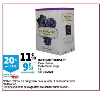 Auchan Igp Comte Tolosan Pierre Chanau Malbec Syrah Rouge offre