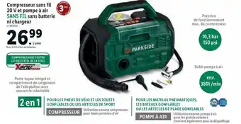 Lidl Compresseur Sans Fil 20 V Et Pompe à Air Sans Fil Sans Batterie Ni Chargeur Parkside offre