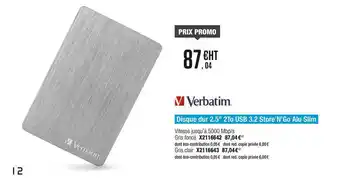 Plein ciel Disque Dur 2.5'' 2to Usb 3.2 Store 'n' Go Alu Slim Verbatim offre