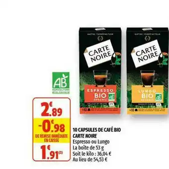 Coccinelle Supermarché 10 Capsules De Café Bio Carte Noire offre