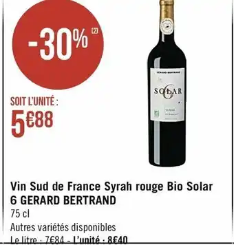 Casino Supermarchés Vin Sud De France Syrah Rouge Bio Solar offre