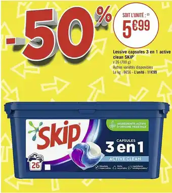 Casino Supermarchés Lessive Capsules 3 en 1 Active Clean Skip offre