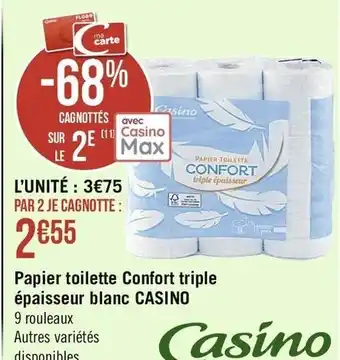 Casino Supermarchés Papier Toilette Confort Triple Épaisseur Blanc Casino offre