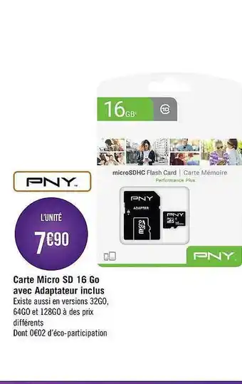 Géant Casino Carte Micro Sd 16 Go Avec Adapteur Inclus Pny offre