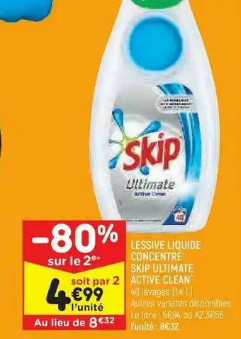 Leader Price Lessive Liquide Concentré Skip Ultimate Active Clean offre
