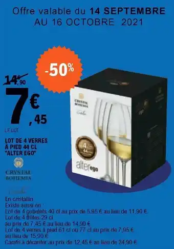 E.Leclerc Lot De 4 Verres À Pied 44 CL Alter Ego offre
