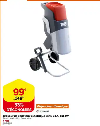 Weldom Sterwins broyeur de végétaux électrique esh1-40.3, 2500w offre