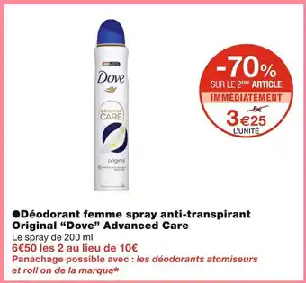 Monoprix Dove déodorant femme spray anti-transpirant original advanced care offre