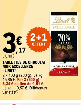 E.Leclerc TABLETTES DE CHOCOLAT NOIR EXCELLENCE "LINDT" offre