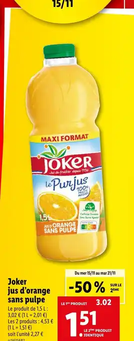Lidl Joker jus d'orange sans pulpe offre