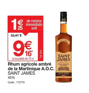 Rhum agricole ambré de la Martinique A.O.C. SAINT JAMES 45%