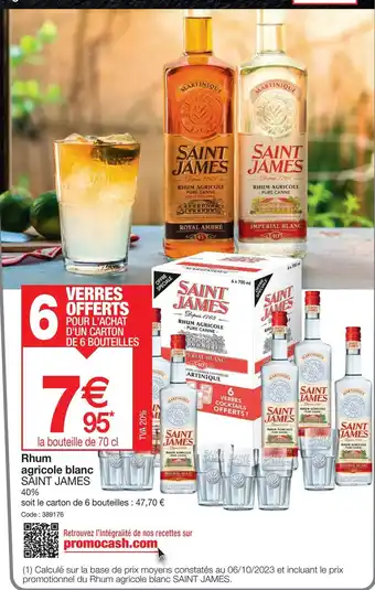 Promocash Rhum agricole blanc SAINT JAMES 40% offre