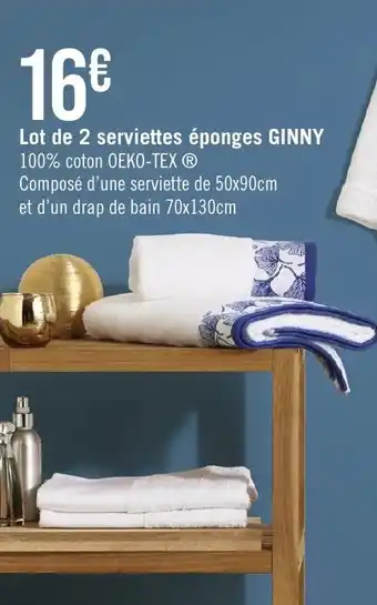 Géant Casino Lot de 2 serviettes éponges GINNY offre