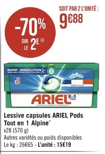 Casino Supermarchés Ariel lessive capsules pods tout en 1 alpine offre