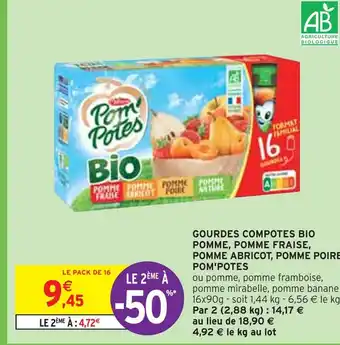 Intermarché Pom'potes gourdes compotes bio pomme, pomme fraise, pomme abricot, pomme poire offre