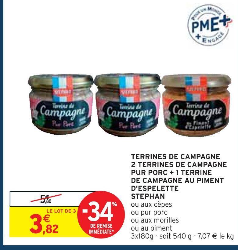 Promo Stephan terrines de campagne 2 terrines de campagne pur porc + 1