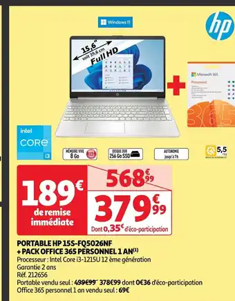 Auchan PORTABLE HP 15S-FQ5026NF + PACK OFFICE 365 PERSONNEL 1 AN offre