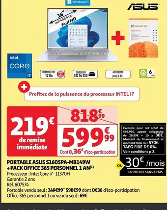 Auchan PORTABLE ASUS S1605PA-MB149W offre