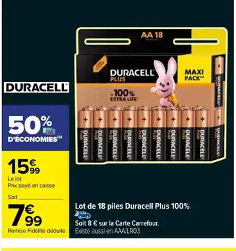 Carrefour Market Lot de 18 piles Duracell Plus 100% offre