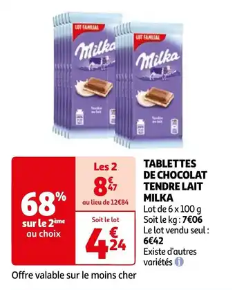 Auchan TABLETTES DE CHOCOLAT TENDRE LAIT MILKA offre